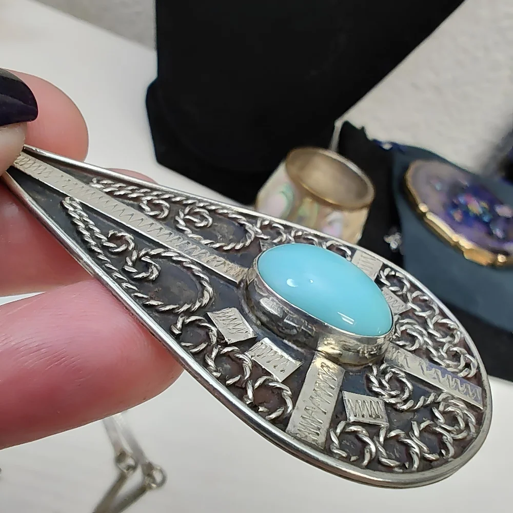 Vintage MEXICO Sterling Silver REYGO Turquoise Tear Drop Pendant Necklace 23.5" - Picture 5 of 12